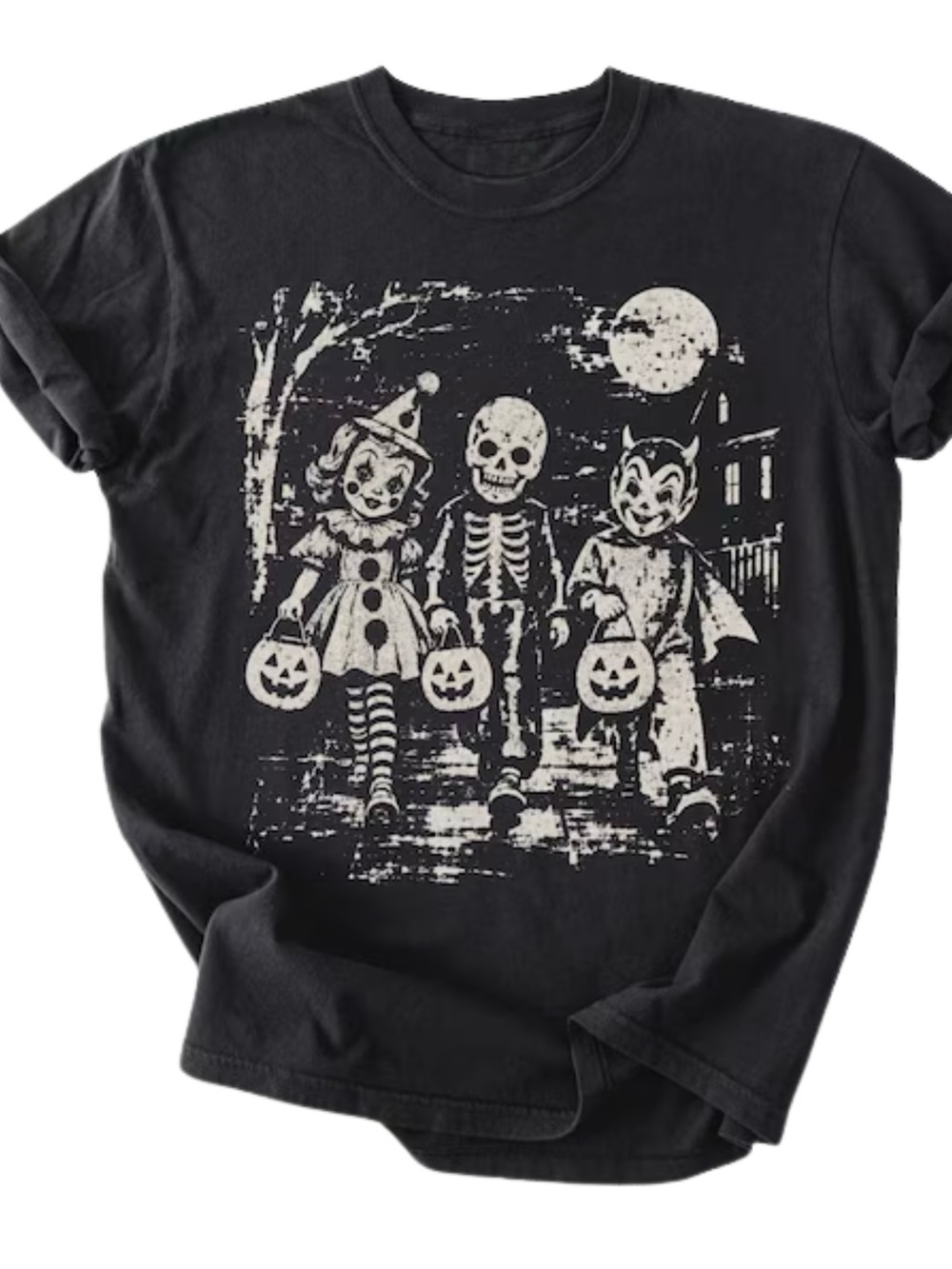 Retro Halloween Trick Or Treat Skeleton Clown Devil Black Graphic Tee